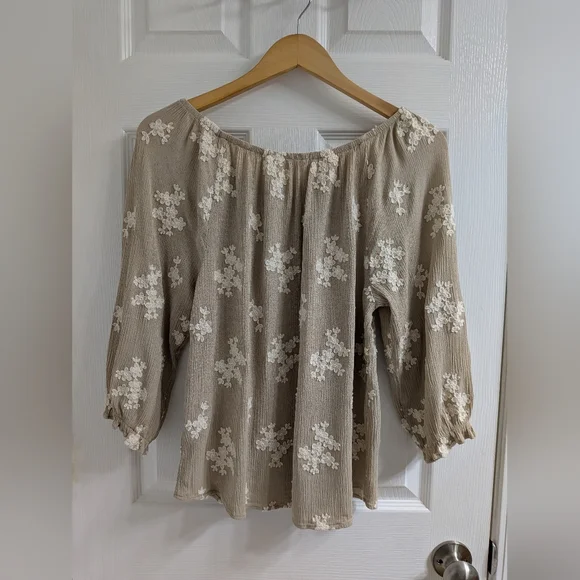 Soft Surroundings Beige White Embroidered Boho Blouse Womens Large - Picture 5 of 7